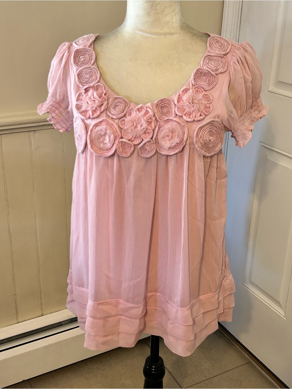 Kenar Soft Pink Whimsical Romantic Rosette Tunic Top Size Small NWOT